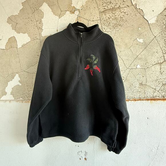 Vintage Fleece Quarter Zip Pullover Embroidered Chili Peppers Retro 90s Garden - Picture 2 of 5